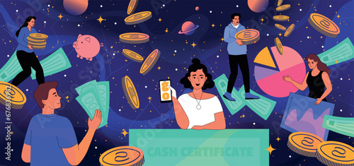 Invest money. Rich persons with dollar banknote and golden coins, economy of business, happy investor with, cash, stock market. Vector cartoon flat investment illustration, finance concept