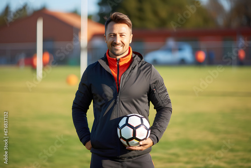 a footballer with happy and delight full face and a good morning in the garden holding football in the hand wearing track suit and standing in the garden looking in the camera   © Fahad