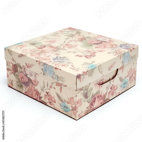 Cardboard box with floral pattern on white background