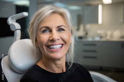 Attractive middle aged woman in dentist chair, AI generated