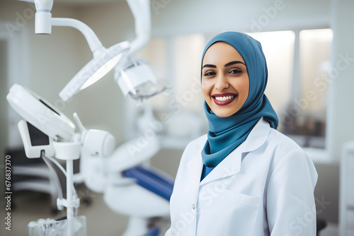 a happy cheer full muslim dentist wearing hijab standing in the clinic have machine and dentist seat for the patient behind the doctor 