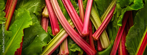 Panel kuchenny z motywem Fresh rhubarb leaves, with water drops over it, closeup macro detail. Generative AI