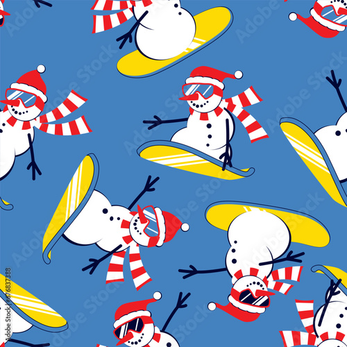 Cartoon Snowman snowboarding in ski goggles and Santa Claus hat. Seamless pattern. Christmas vector illustration.