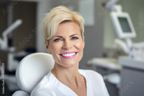 Attractive middle aged woman in dentist chair, AI generated