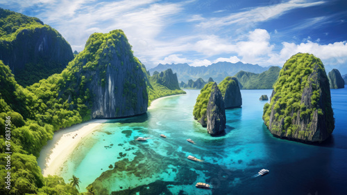 Aerial of cliff landscape with crystal clear water In El Nido, Palawan, Philippines. Beautiful Tropical Island In Philippines