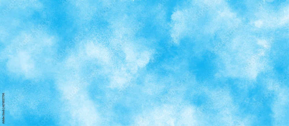soft and lovely sky blue watercolor background with clouds, Sky clouds with brush painted blue watercolor texture, small and large clouds alternating and moving slowly on cloudy winter morning sky.