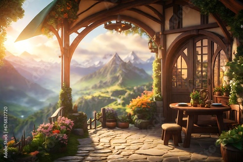  lifestyle of hobbit inhabitants in their cozy home nestled in a lush hillside photo