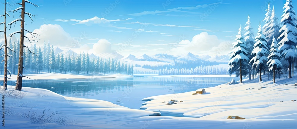 In the background the serene winter landscape of the forest and its beautiful snow covered trees stand tall against the icy backdrop while the crystal clear lake and meandering river reflec