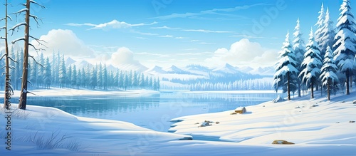 In the background the serene winter landscape of the forest and its beautiful snow covered trees stand tall against the icy backdrop while the crystal clear lake and meandering river reflec © TheWaterMeloonProjec