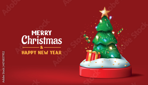 Christmas tree. 3d merry xmas banner, new year background, happy greeting card with red decoration. Fir with toys , giftbox and snow on podium. Vector render glossy elements, holiday concept
