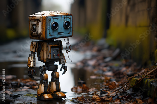 Lonely robot standing alone in a abandoned urban area.