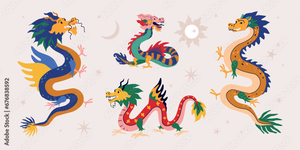 Obraz premium Cute dragons. Japan astrology art, oriental ancient characters, doodle china animal fashion tattoo. Traditional Chinese new year symbol, 2024 celebration. Vector illustration, icons set