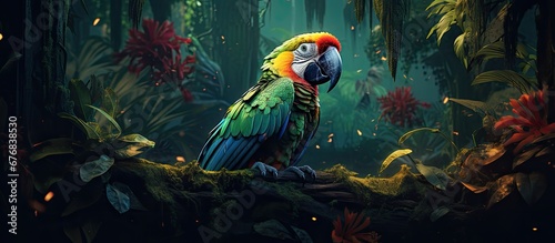 In the depths of the tropical jungle a majestic tree stood tall its vibrant green leaves creating a colorful border against the black shadows of the forest Amongst the lush foliage an animal © TheWaterMeloonProjec