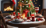 christmas table setting with candles, gift and christmas tree, Generative Ai