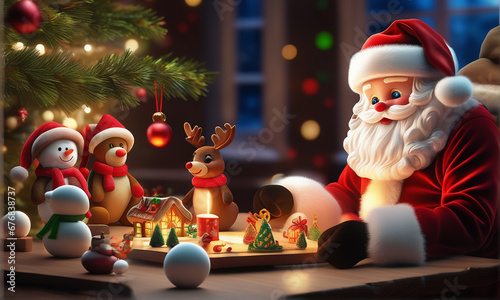 Santa doll and Christmas ornaments on the table, Generative Ai