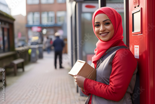 a muslin female post worker woman holding box in the hand wearing hijab and red color uniform standing outside the office looking in the camera 