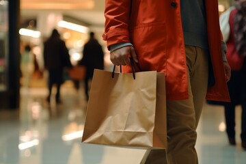 Close up unrecognizable African American man male guy hands holding carrying red grocery bag. Black Friday shopping mall sale fashion consumerism rich life price gift purchases discounts special offer