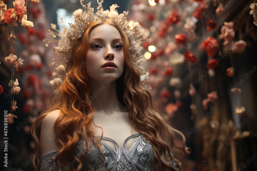 Beautiful redhead girl with long curly hair and a wreath on her head