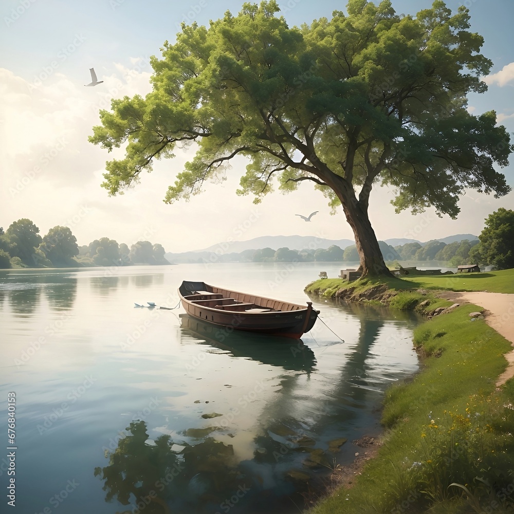 Obraz premium Seamless pattern design water color paining view river boat