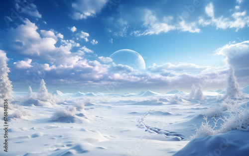 Snowy scene with clouds in winter background Generated AI