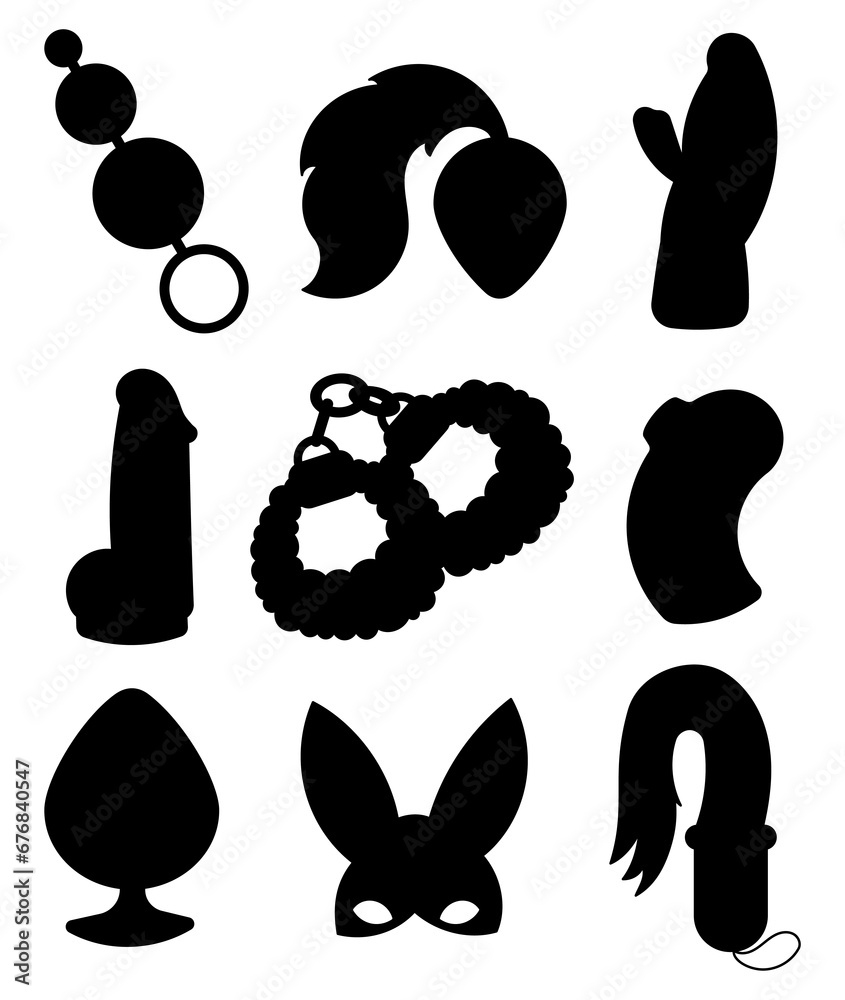 Adult toys, anal plugs, vibrator, dildo and mask, whip. Silhouette Image. Sex shop. Good vibes only. Hand drawn style. Vector drawing. Collection of design elements. - obrazy, fototapety, plakaty 