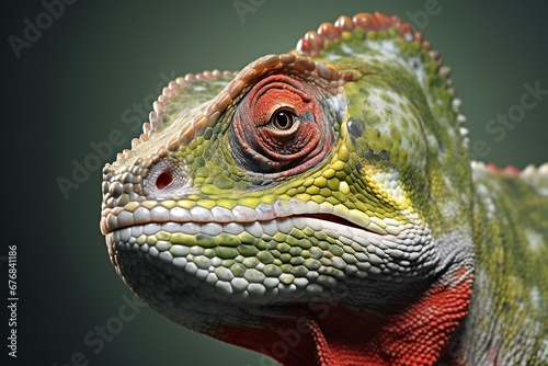 Close-up portrait of a chameleon on a dark background