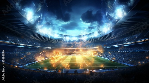 a soccer stadium with fireworks and people watching