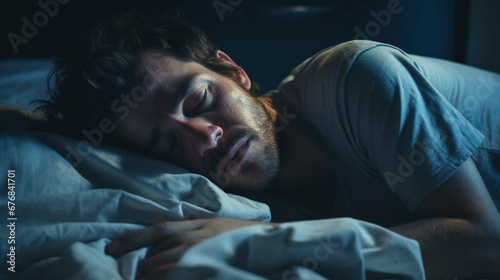 A man with a stressed expression lies in bed due to insomnia. create using a generative ai tool 