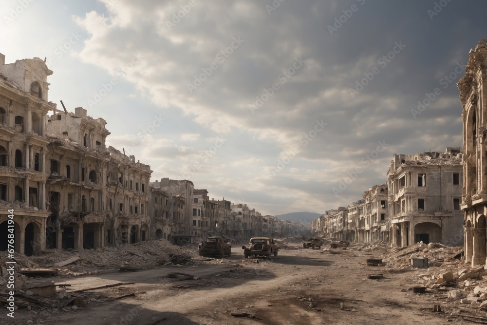 Fototapeta premium completely destroyed city during the war. ai generative