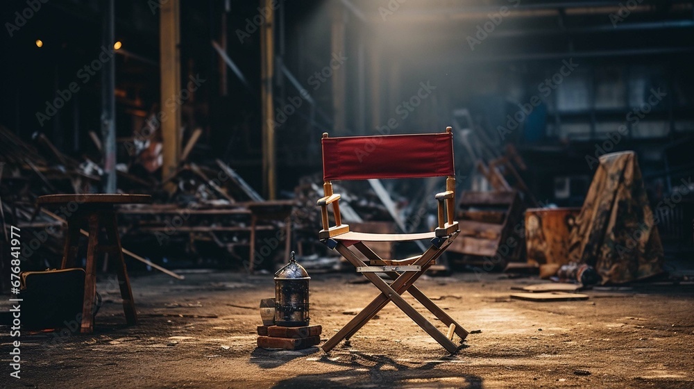 Director chair, set on a film set. create using a generative AI tool 