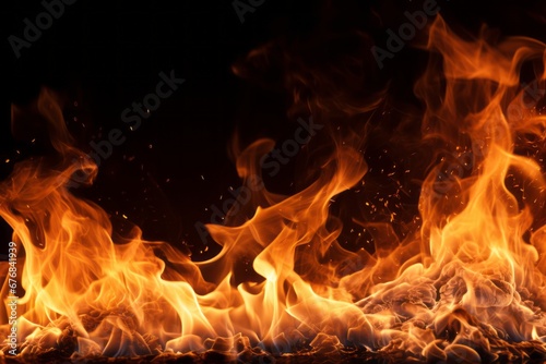 Captivating and dynamic fire flames gracefully flickering against a dramatic black background