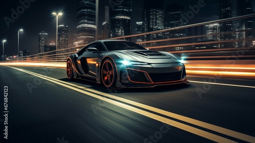 Free photo sports car driving on asphalt road at night. create using a generative AI tool 