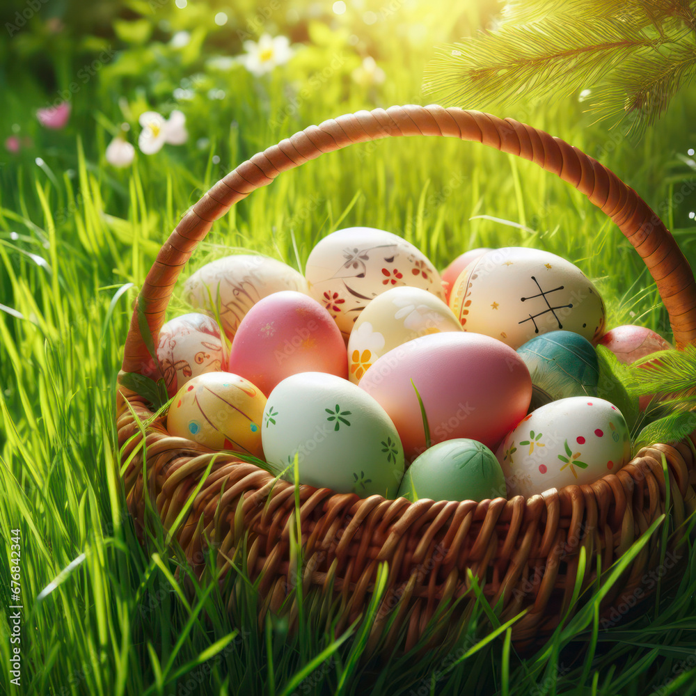 easter eggs in a woven basket hidden in the green spring grass. ai generative
