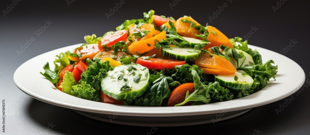 A slice of fresh and colorful salad made up of various green vegetables such as lettuce spinach and parsley is neatly arranged on a white plate creating a stunning visual against the isolate