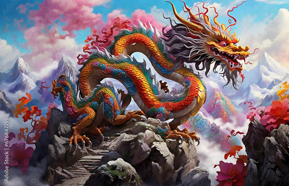 chinese dragon statue on the mountain , Ai art