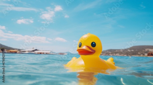 Yellow rubber duck toy in the sea. generative ai 