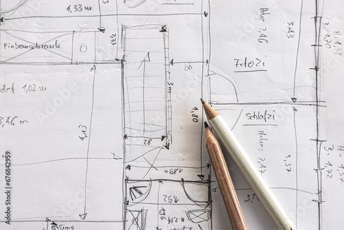 Bauplan als Skizze mit Bleistift für eine Wohnung