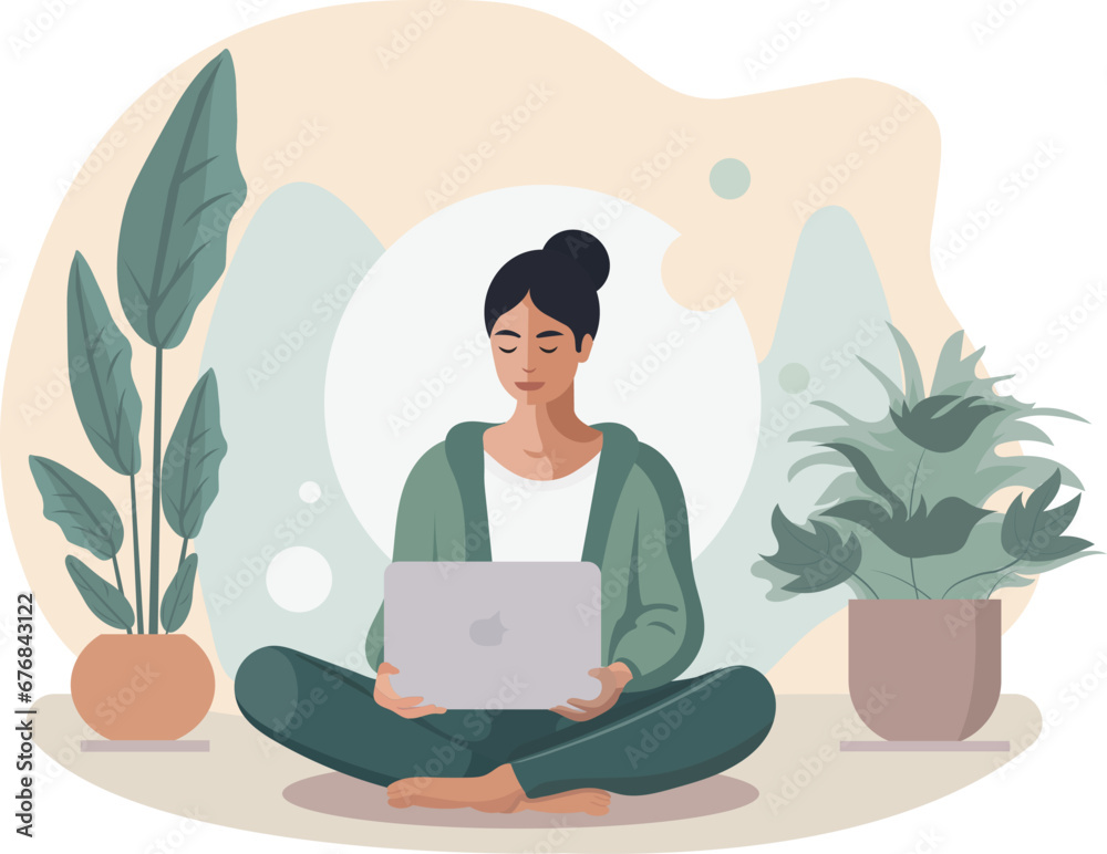 A young girl in a green suit sits with a laptop in her hands. Remotely working outdoors. Flat vector illustration A young girl in a green suit sits with a laptop in her hands. Remotely working outdoors. Flat vector illustration