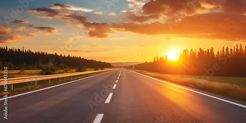 The Road Ahead Wide Angle Perspective for Website Backgrounds ,Empty asphalt road with clouds in sky at sunrise. The concept of setting goals for success. Generative Ai 