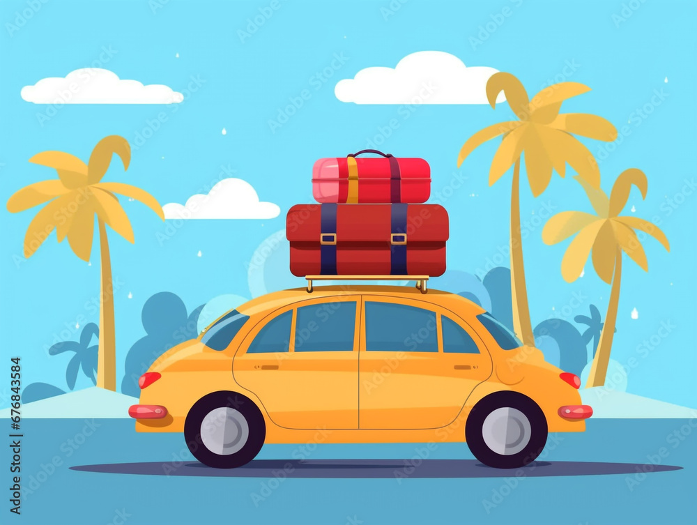 2D flat image of traveling by car with several bags tied on the roof. Will go through a long journey. Nature background.