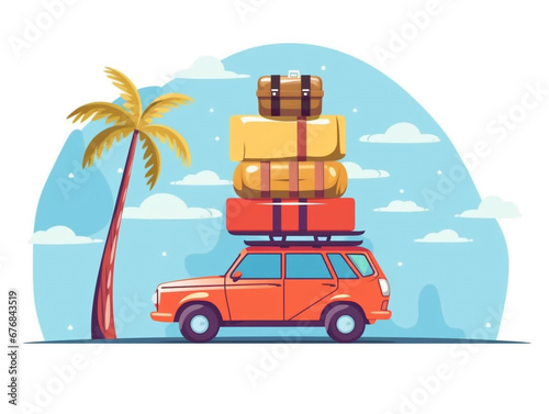 2D flat image of traveling by car with several bags tied on the roof. Will go through a long journey. Nature background. © Aisyaqilumar