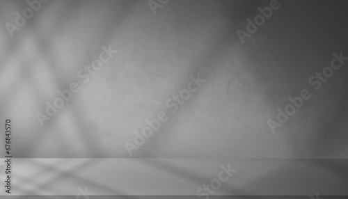 Background Grey Wall Studio with Shadow Leaves, light on Cement floor Surface Texture,Empty Mockup Kitchen Room with Podium Display,Top Shelf Bar,Backdrop Concrete background,Cosmetic Product Present