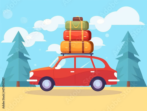 2D flat image of traveling by car with several bags tied on the roof. Will go through a long journey. Nature background. © Aisyaqilumar