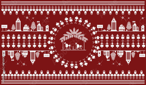 Beautiful warli painting with indian rural life. Rural area with beautiful nature in warli wall painting. Illustration, Vector, Drawing, dang awha, 