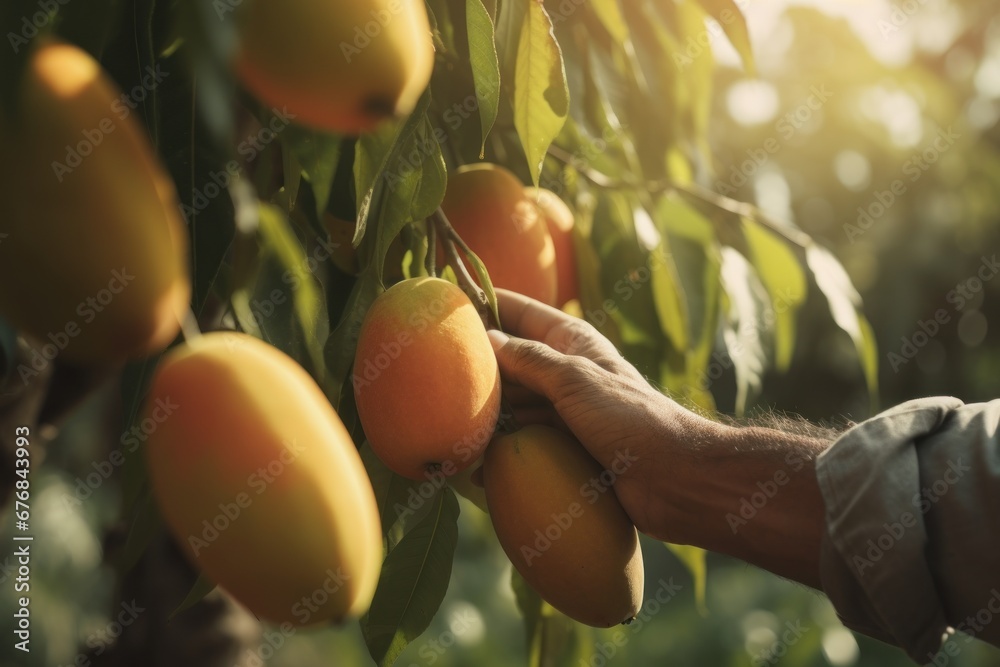 Ripe mangoes hang from the branch, AI generated - obrazy, fototapety, plakaty 