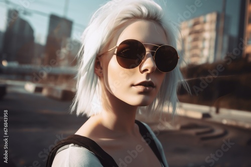 City gorgeous white haired woman, AI generated