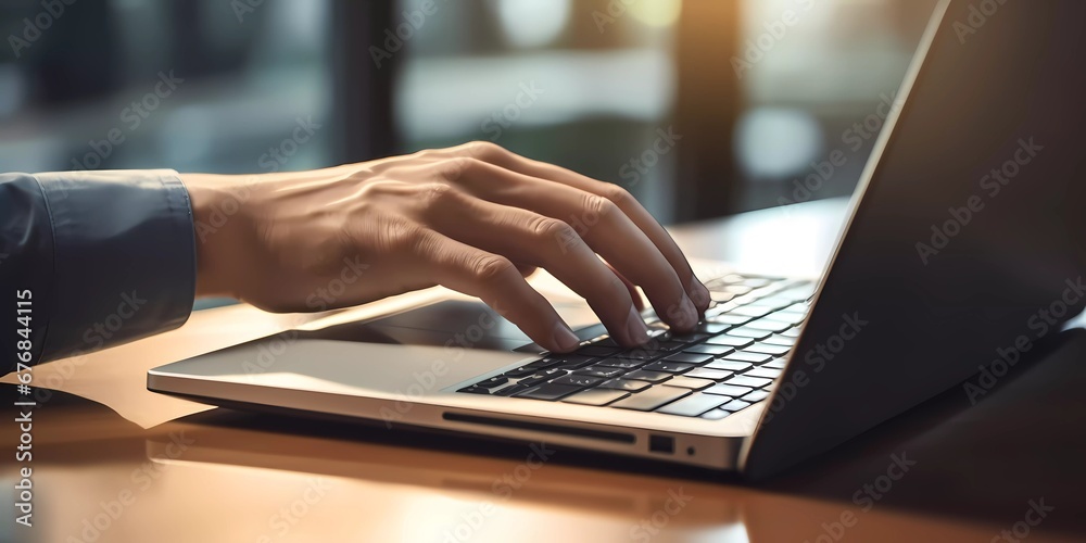 Humans hand typing on laptop keyboard. Blured morning background. Business concept image Humans hand typing on laptop keyboard. Blured morning background. Business concept image