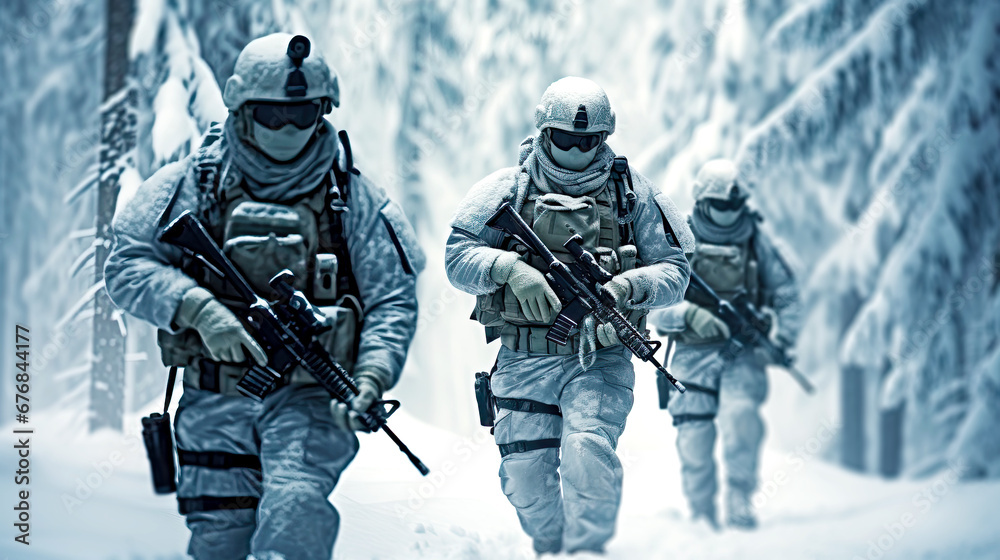 Armed special forces on their winter mission walks in snowy forest. Postproducted generative AI illustration. - obrazy, fototapety, plakaty 