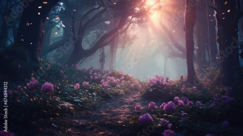 A mystical forest with towering trees and glowing flowers photo