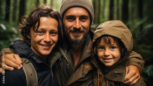 family in a forest hike created with Generative AI technology